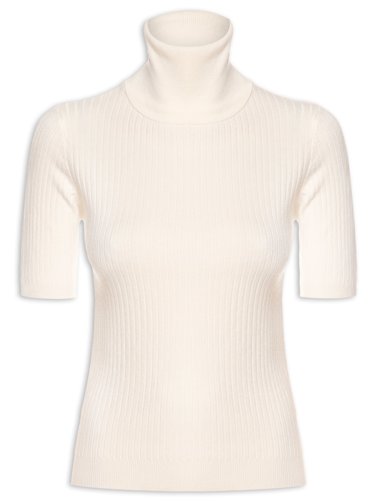 Blusa Feminina Tricot Gola Alta Canelada Manga Curta - Bege