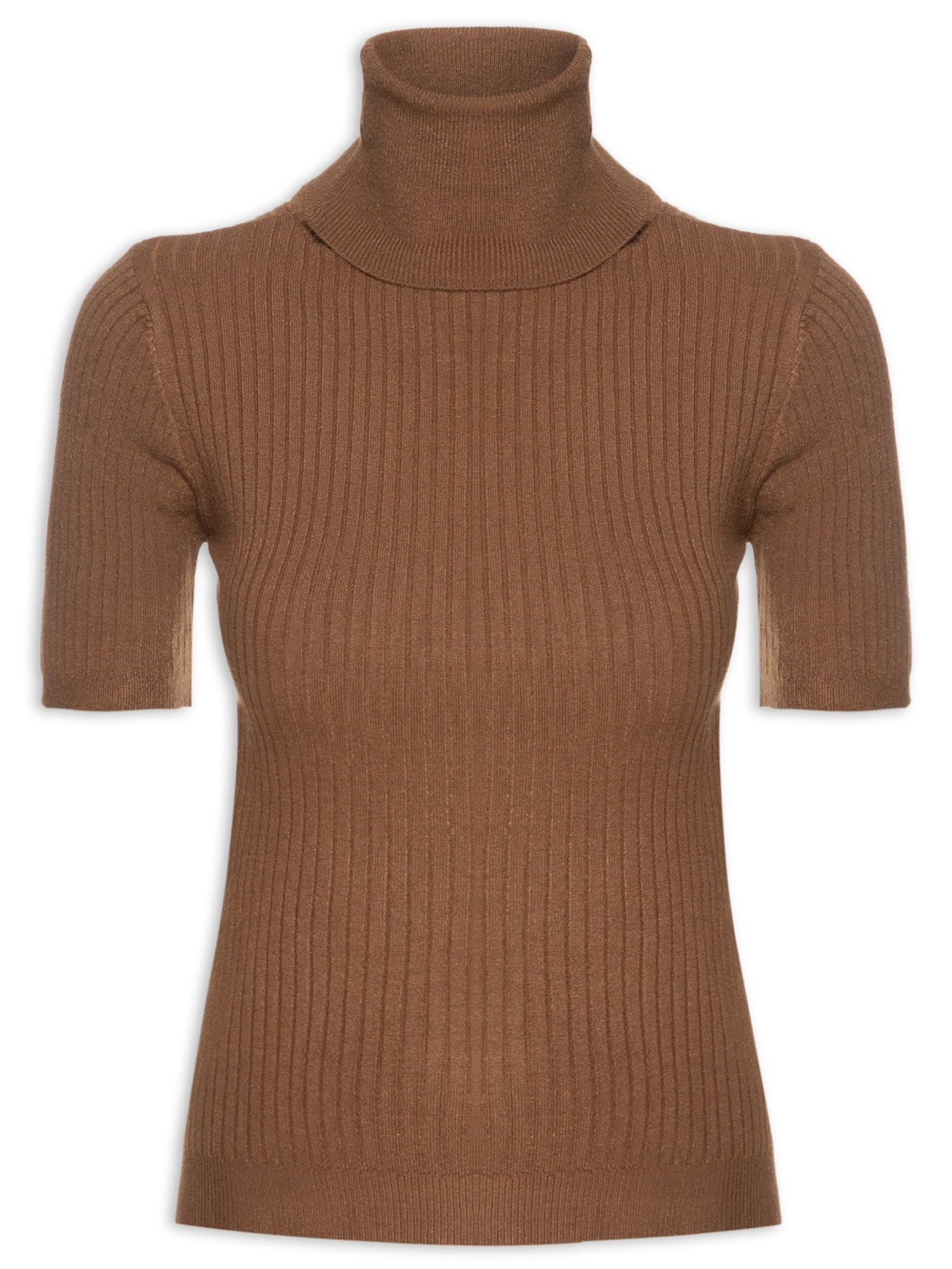 Blusa Feminina Tricot Gola Alta Canelada Manga Curta - Marrom
