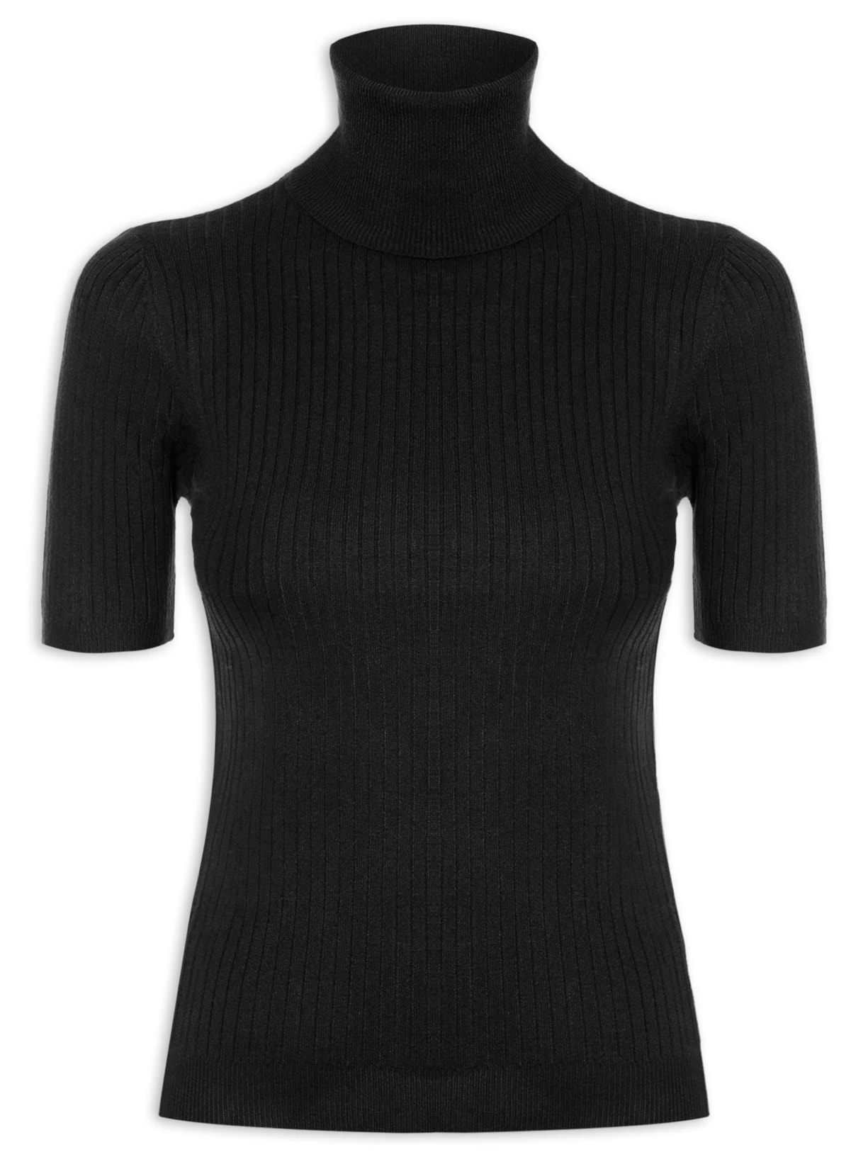 Blusa Feminina Tricot Gola Alta Canelada Manga Curta - Preto