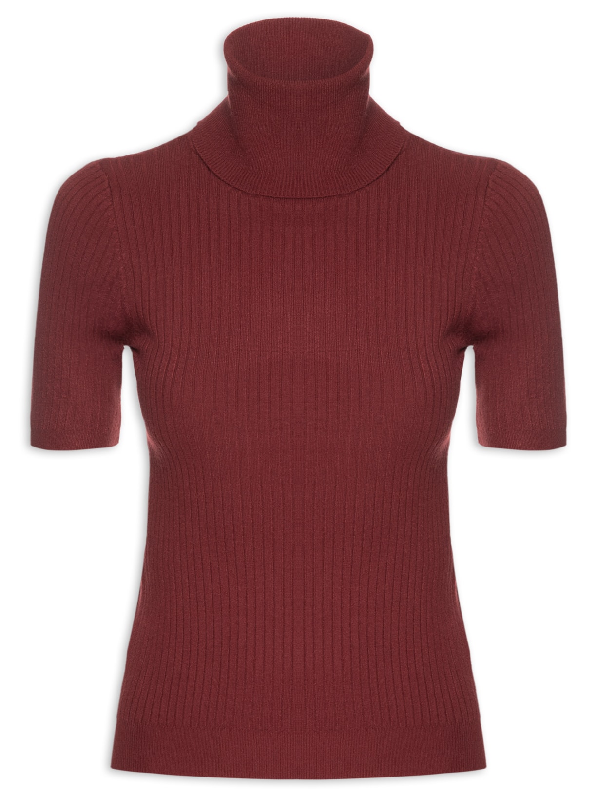 Blusa Feminina Tricot Gola Alta Canelada Manga Curta - Vinho