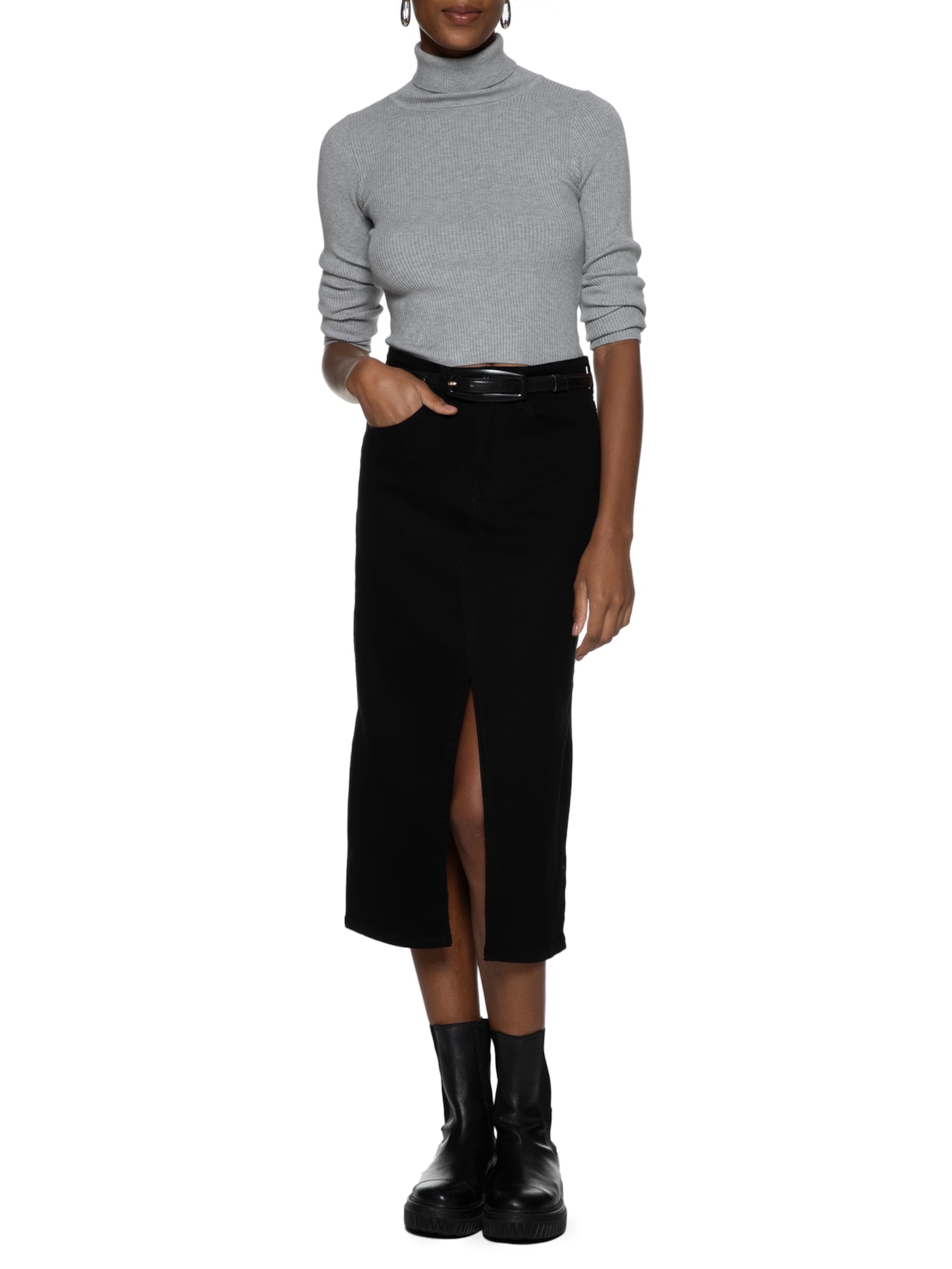 Blusa Feminina Tricot Gola Alta Cinza Basiq