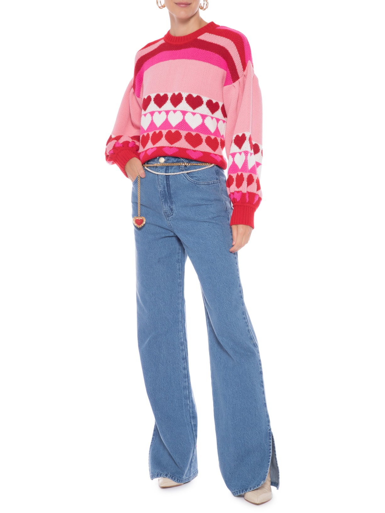 Blusa Feminina Tricot Hearts Rosa Mixed