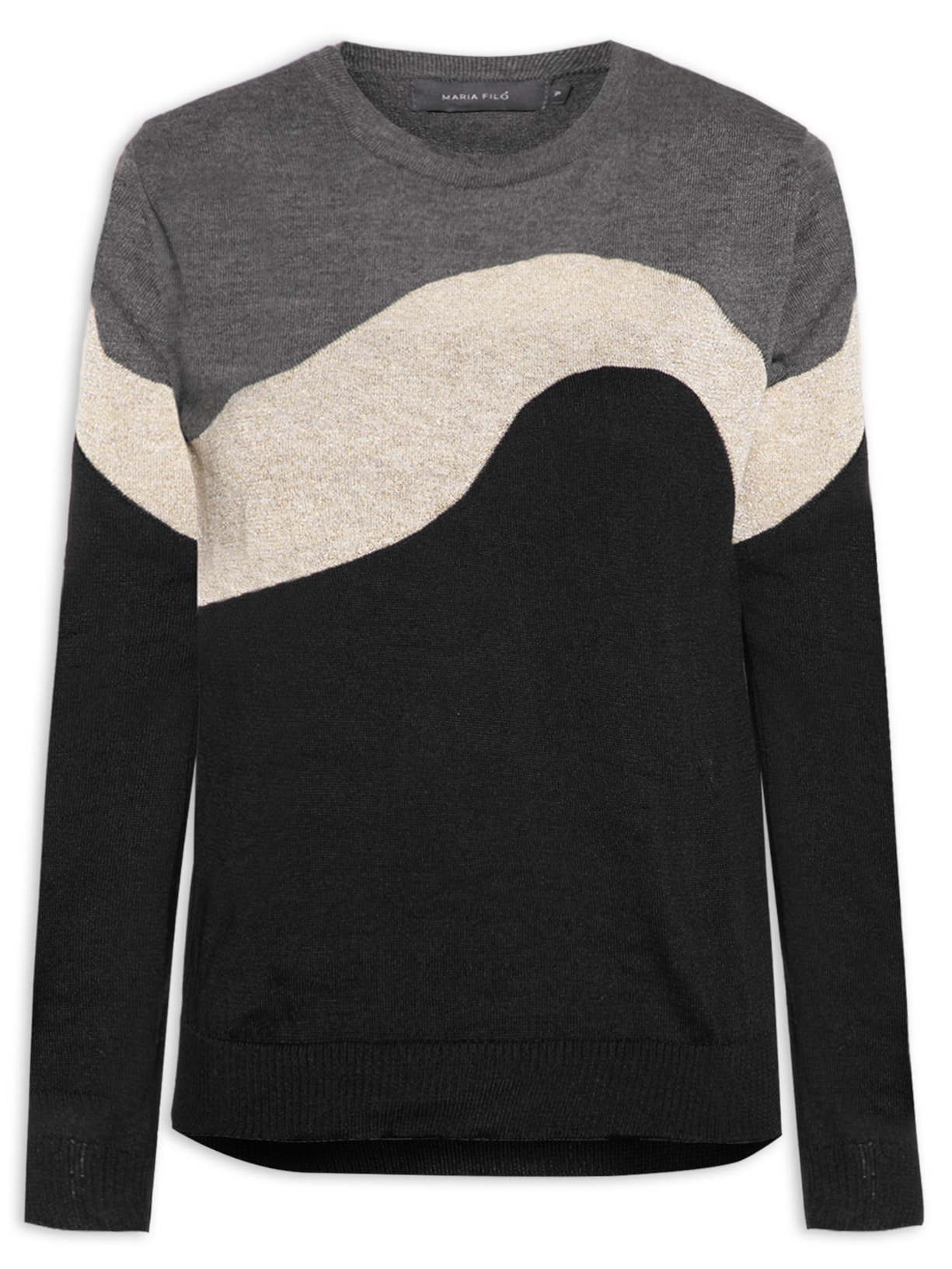 Blusa Feminina Tricot Intarsia Tricolor Com Lurex - Preto