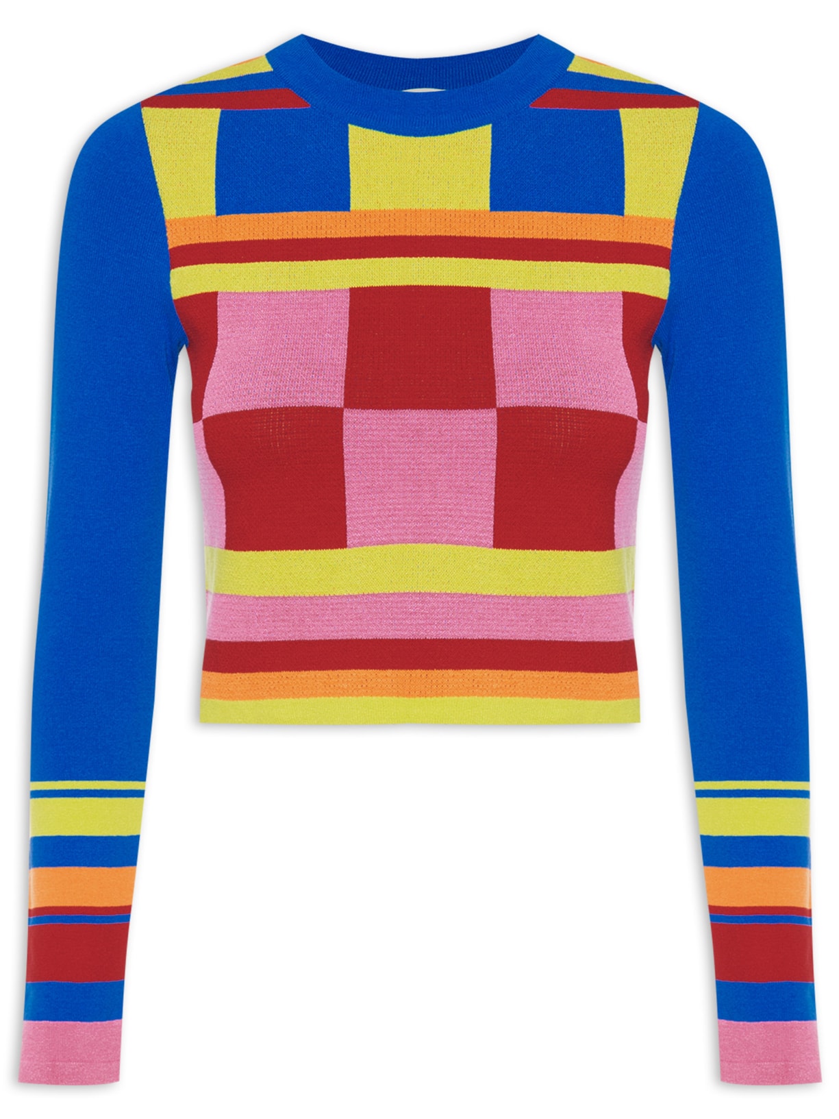 Blusa Feminina Tricot Jacquard Colorblock - Azul