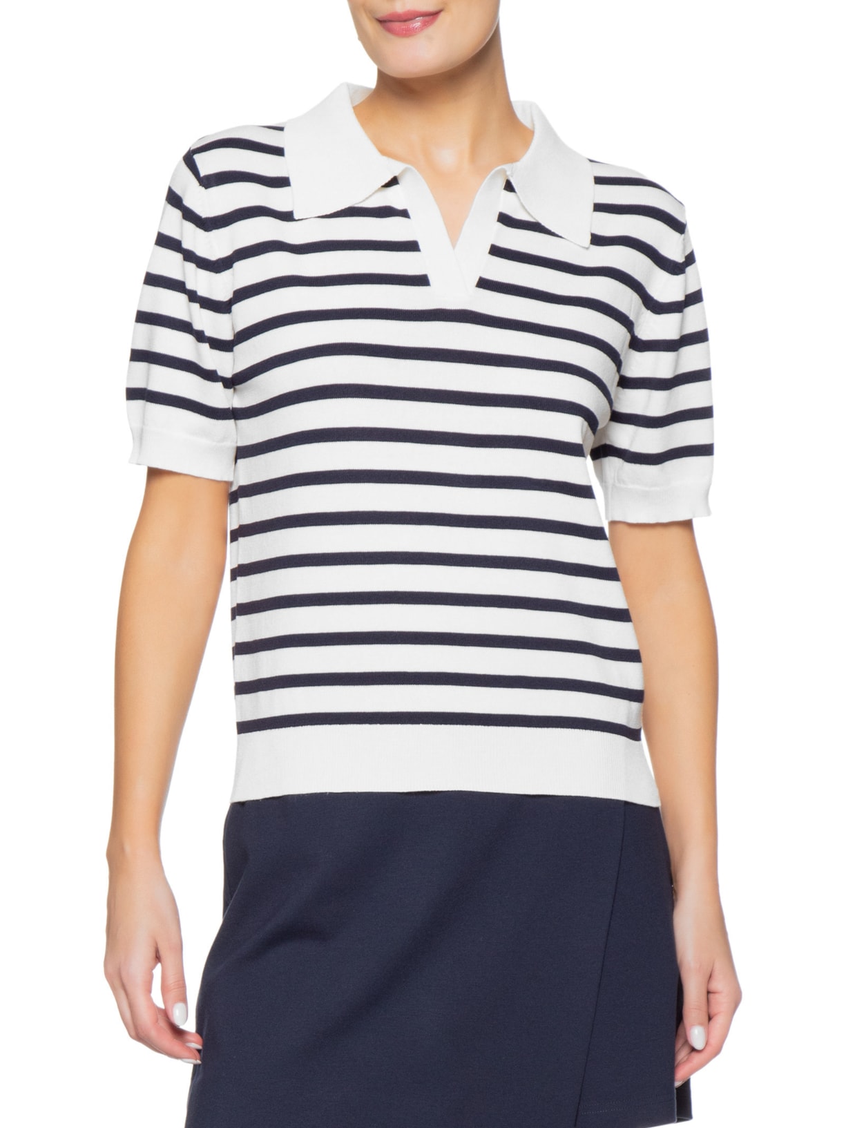 Blusa Feminina Tricot Listrada Gola Esporte Branco Basiq