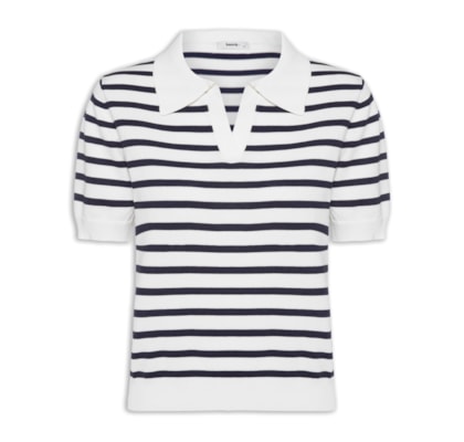 Blusa Feminina Tricot Listrada Gola Esporte - Branco