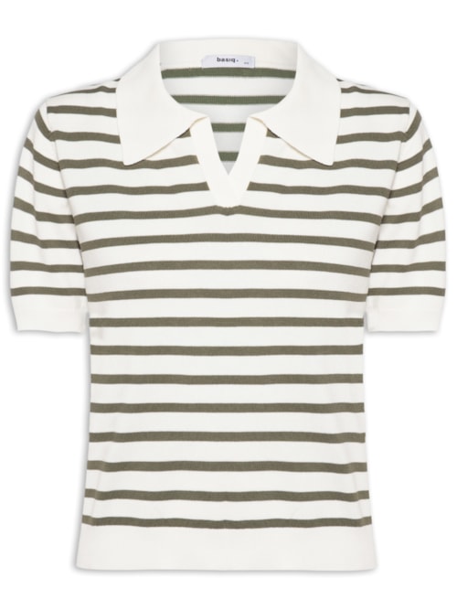 Blusa Feminina Tricot Listrada Gola Esporte - Off White