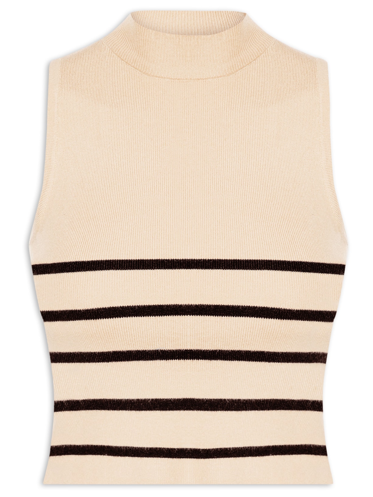 Blusa Feminina Tricot Listrada Sem Manga - Bege