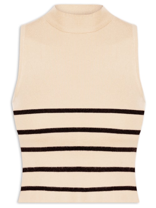 Blusa Feminina Tricot Listrada Sem Manga - Bege