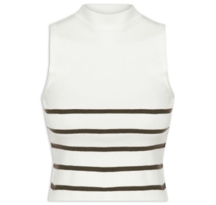 Blusa Feminina Tricot Listrada Sem Manga - Branco