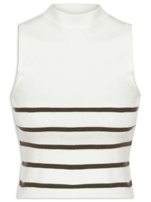 Blusa Feminina Tricot Listrada Sem Manga - Branco