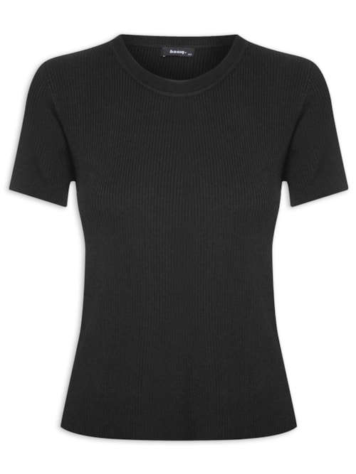 Blusa Feminina Tricot Manga Curta Canelada - Preto