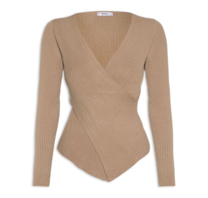 Blusa Feminina Tricot Manga Longa Decote Transpassado - Bege