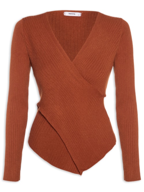 Blusa Feminina Tricot Manga Longa Decote Transpassado - Laranja