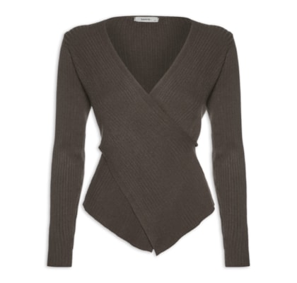 Blusa Feminina Tricot Manga Longa Decote Transpassado - Marrom
