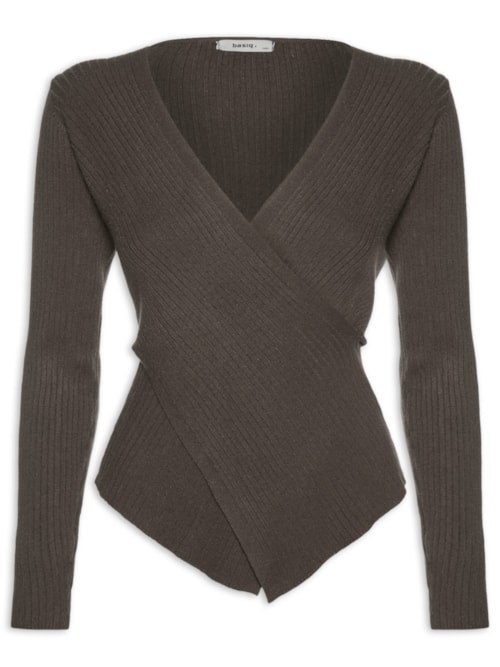 Blusa Feminina Tricot Manga Longa Decote Transpassado - Marrom