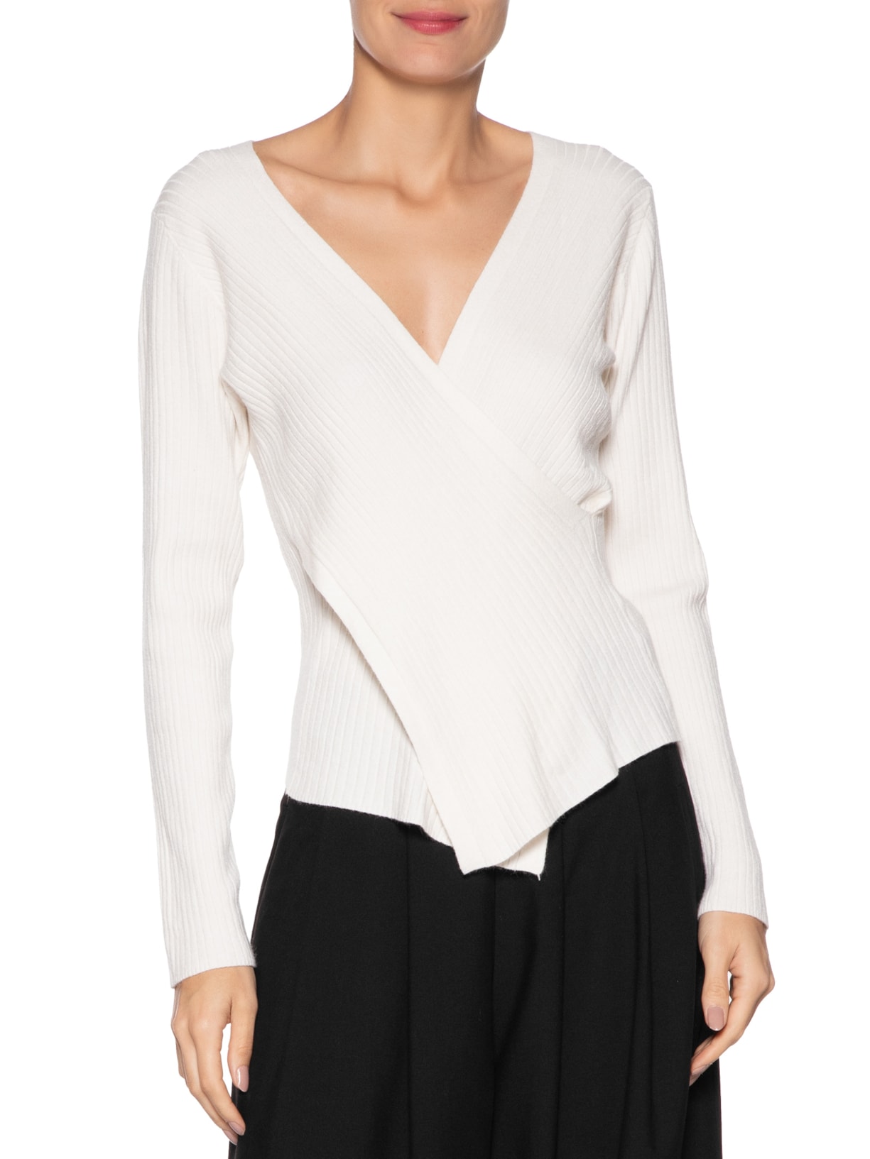 Blusa Feminina Tricot Manga Longa Decote Transpassado Off White Basiq