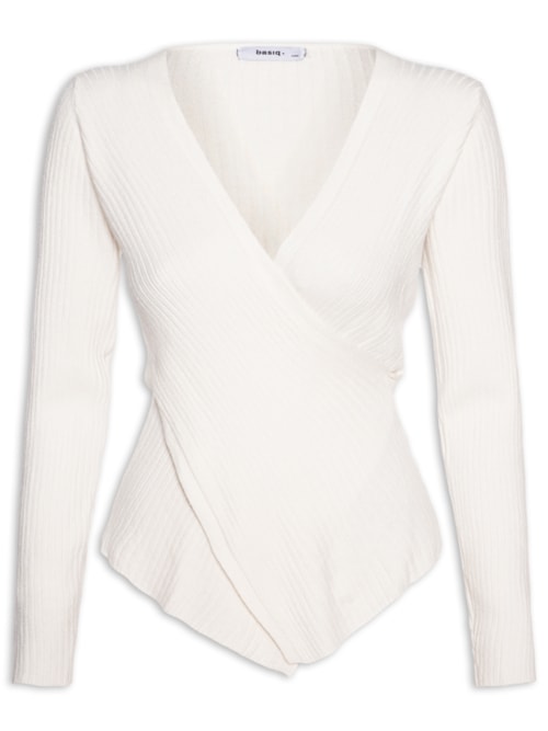 Blusa Feminina Tricot Manga Longa Decote Transpassado - Off White