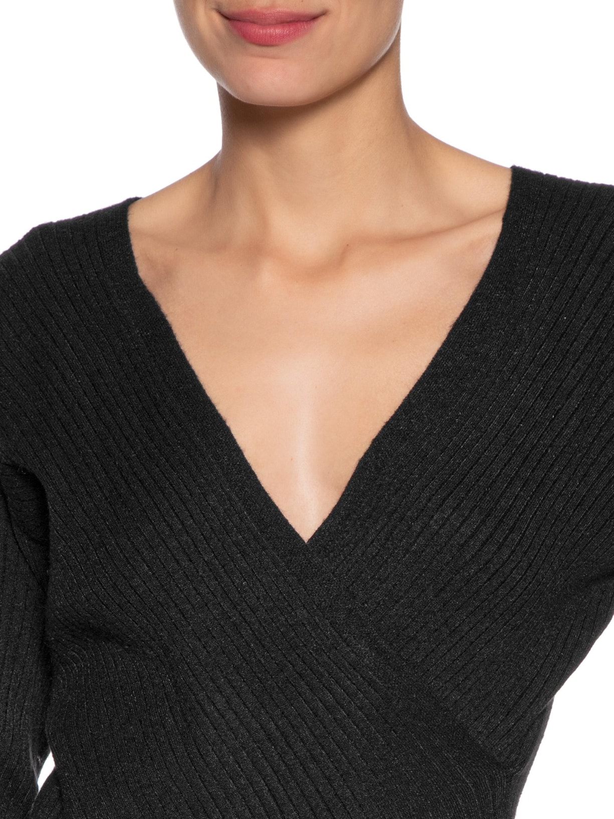 Blusa Feminina Tricot Manga Longa Decote Transpassado Preto Basiq