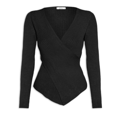 Blusa Feminina Tricot Manga Longa Decote Transpassado - Preto