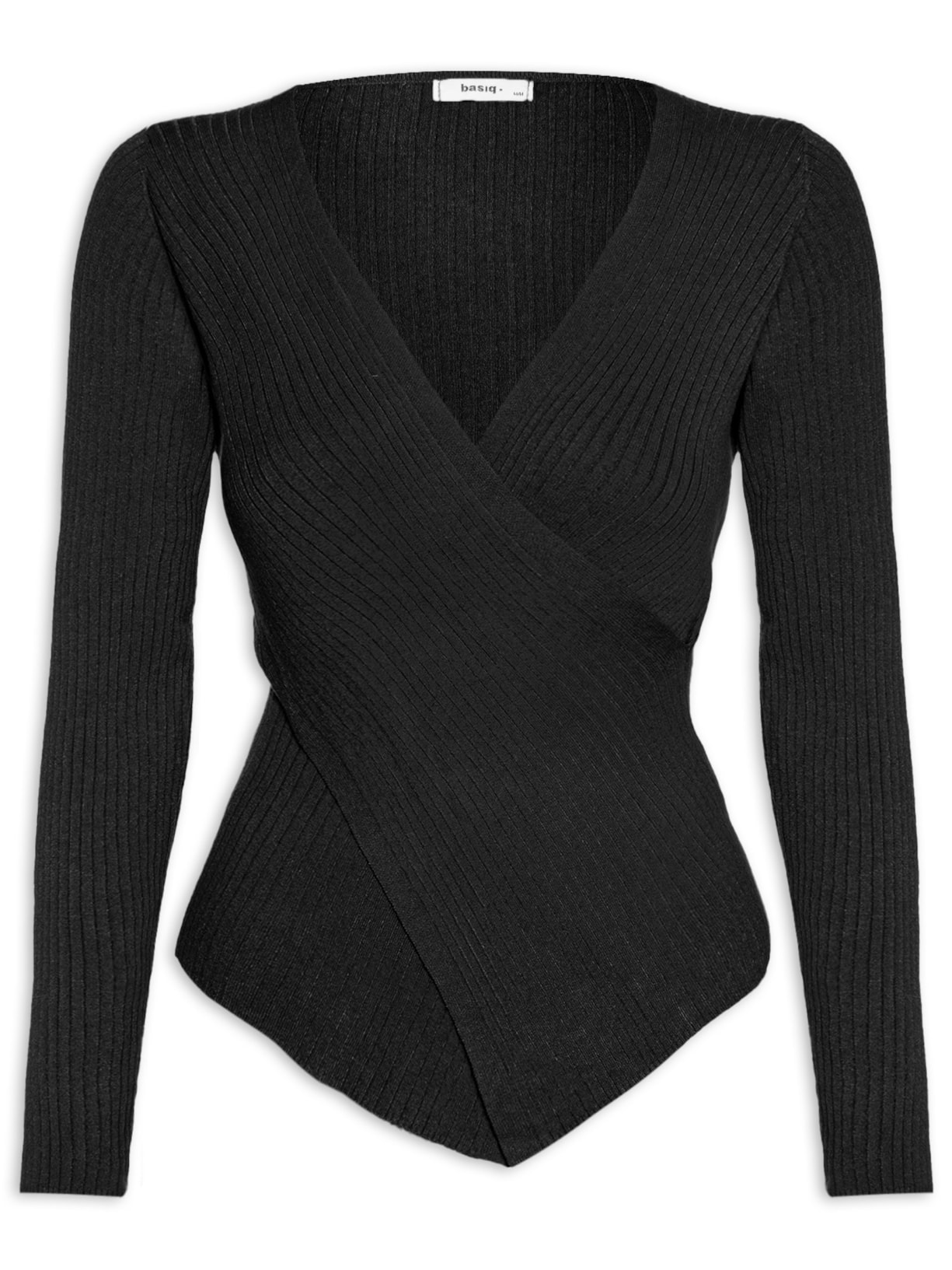 Blusa Feminina Tricot Manga Longa Decote Transpassado - Preto