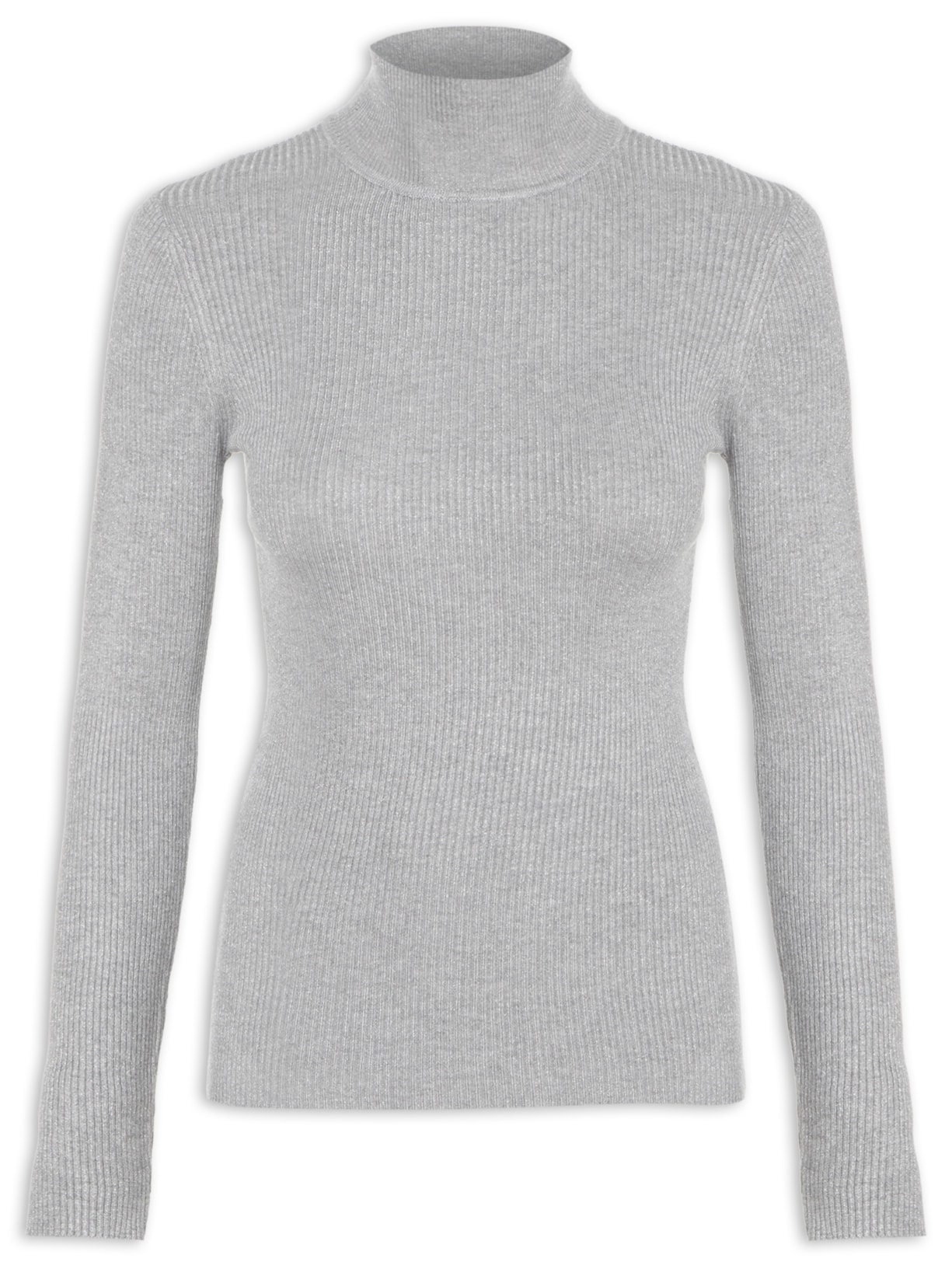 Blusa Feminina Tricot Manga Longa Gola Alta Lurex - Cinza