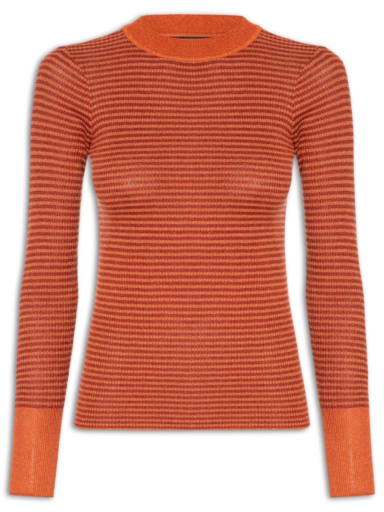 Blusa Feminina Tricot Manga Longa Listrada Lurex - Laranja