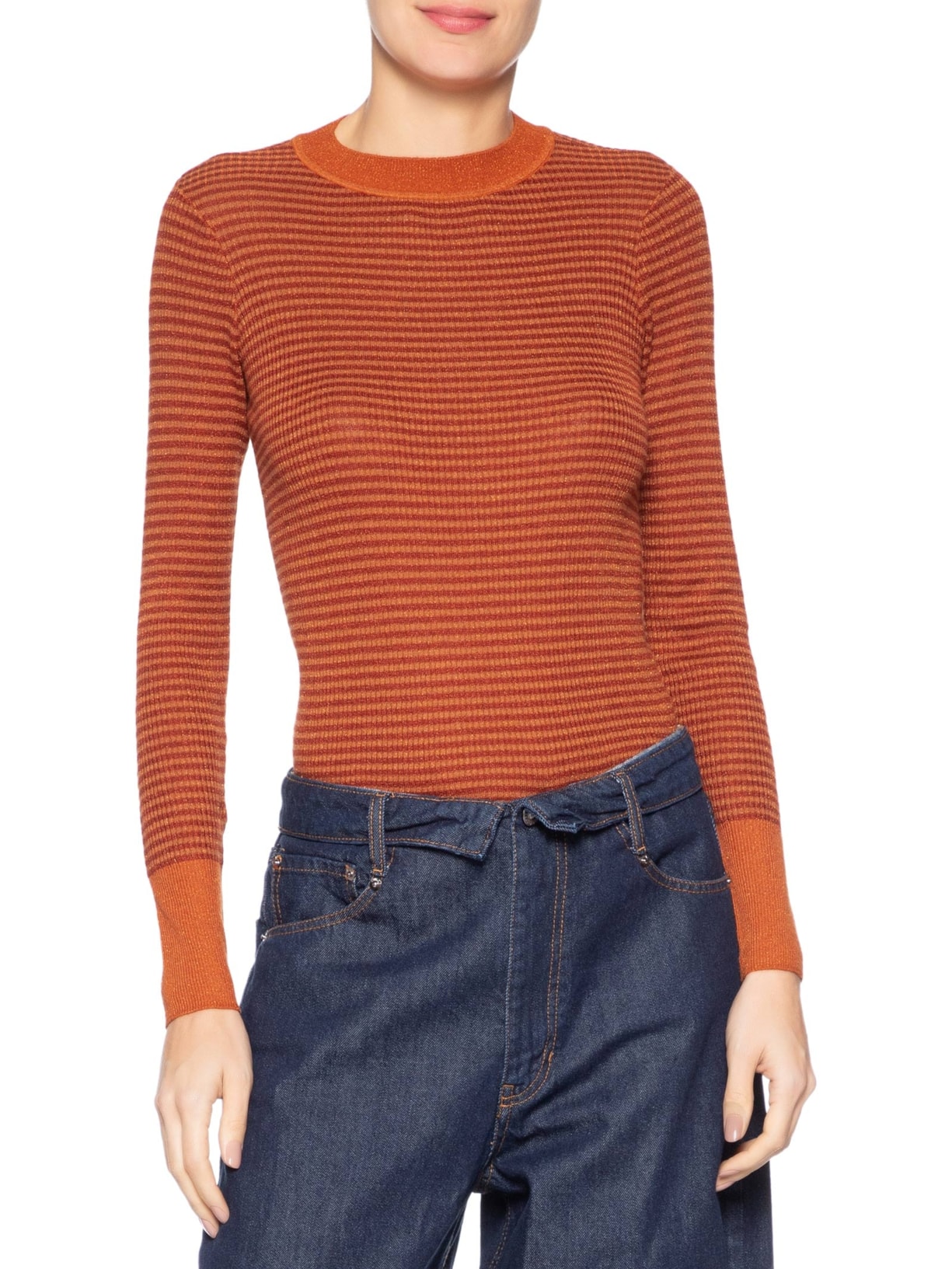 Blusa Feminina Tricot Manga Longa Listrada Lurex Laranja Animale