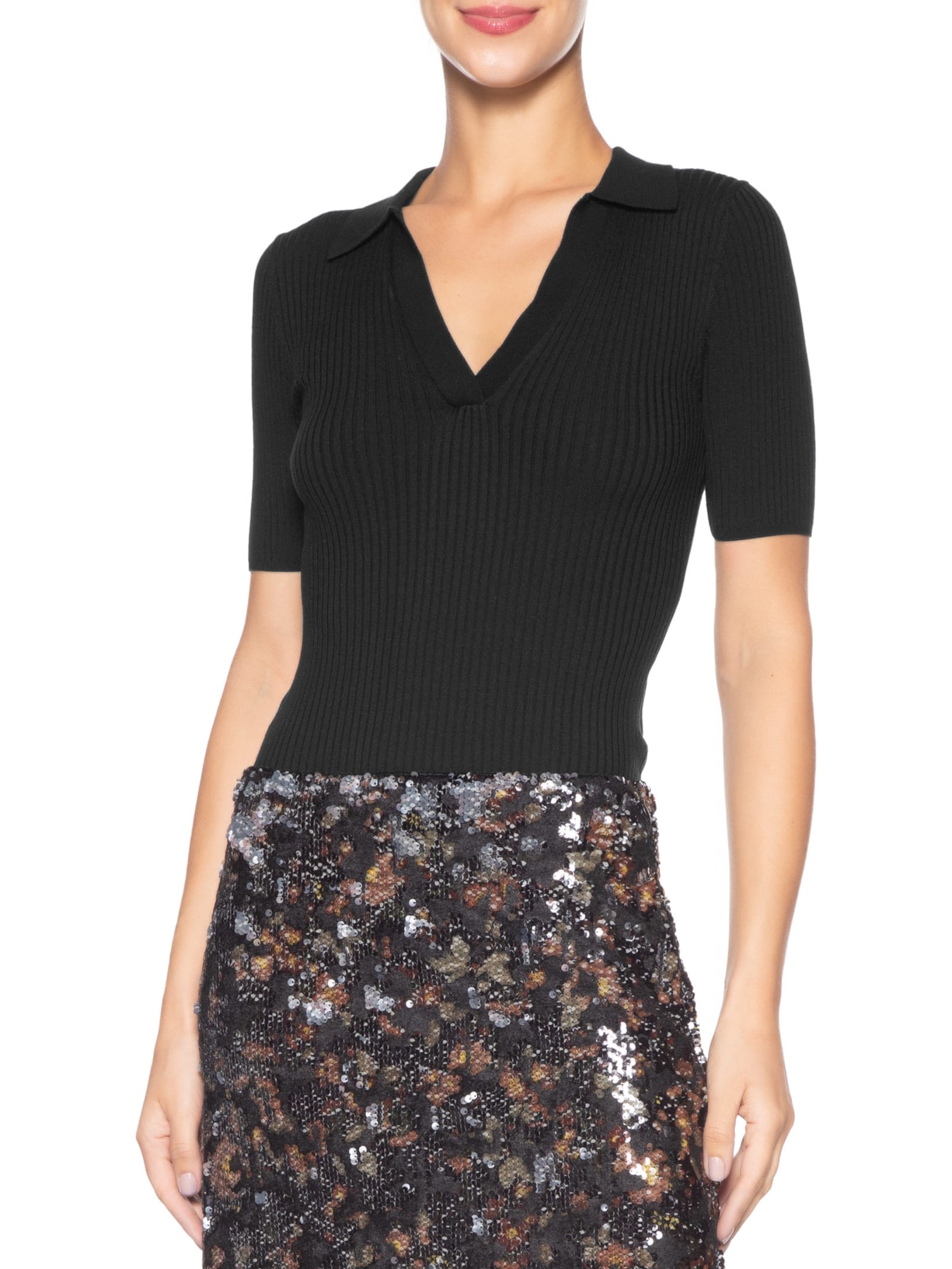 Blusa Feminina Tricot Polo Canelada Preto Maria Filó