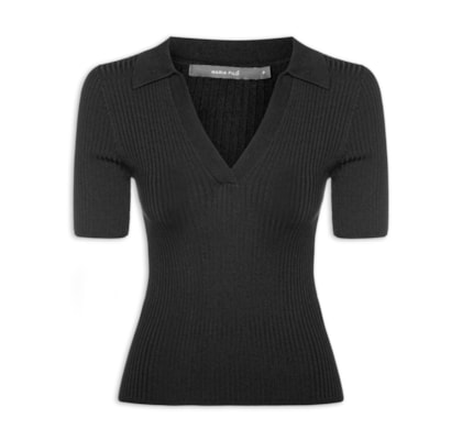 Blusa Feminina Tricot Polo Canelada - Preto