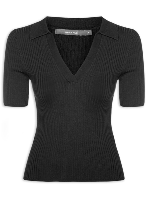 Blusa Feminina Tricot Polo Canelada - Preto