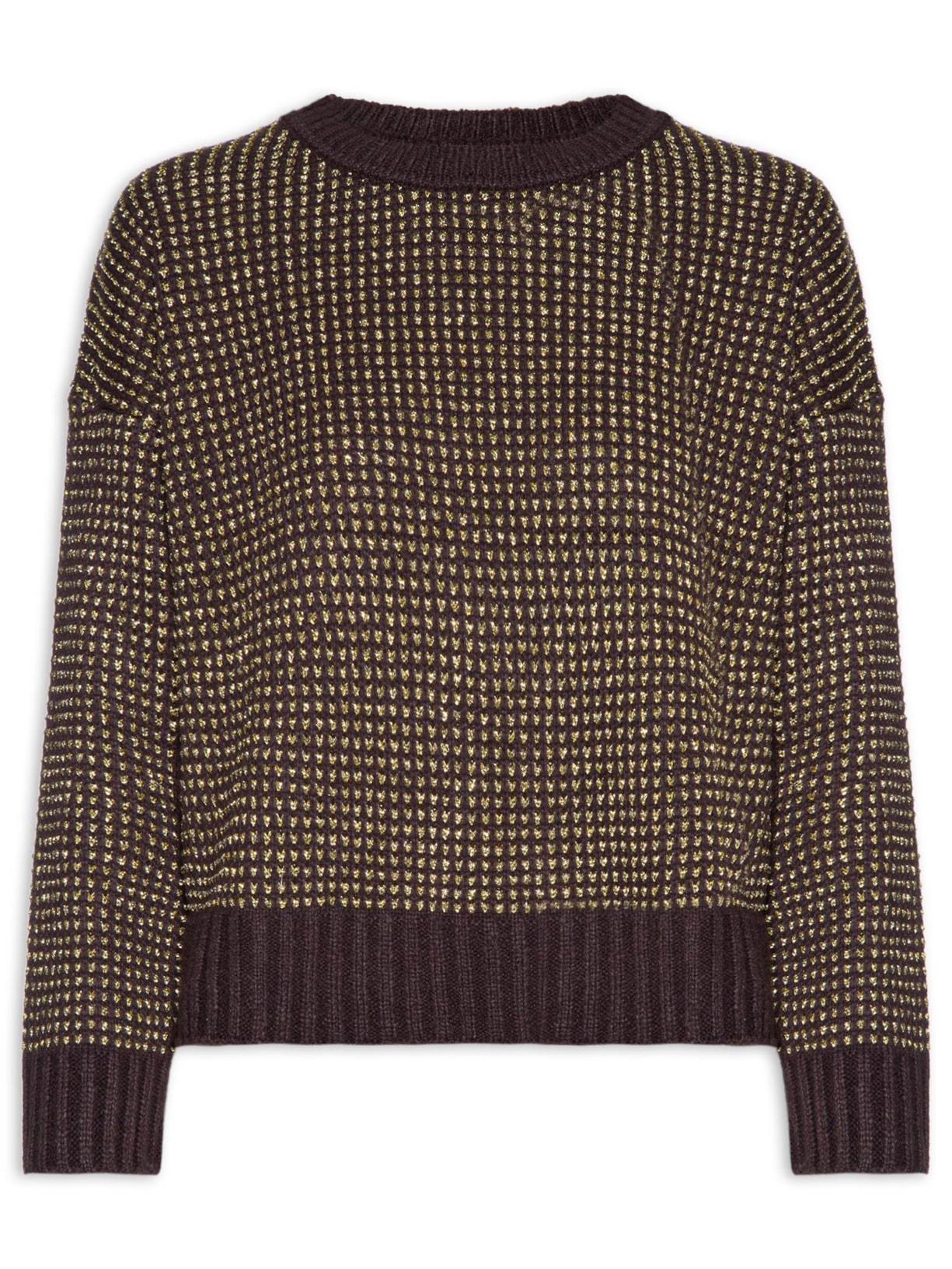 Blusa Feminina Tricot Pull Ponto Trançado Lurex - Marrom