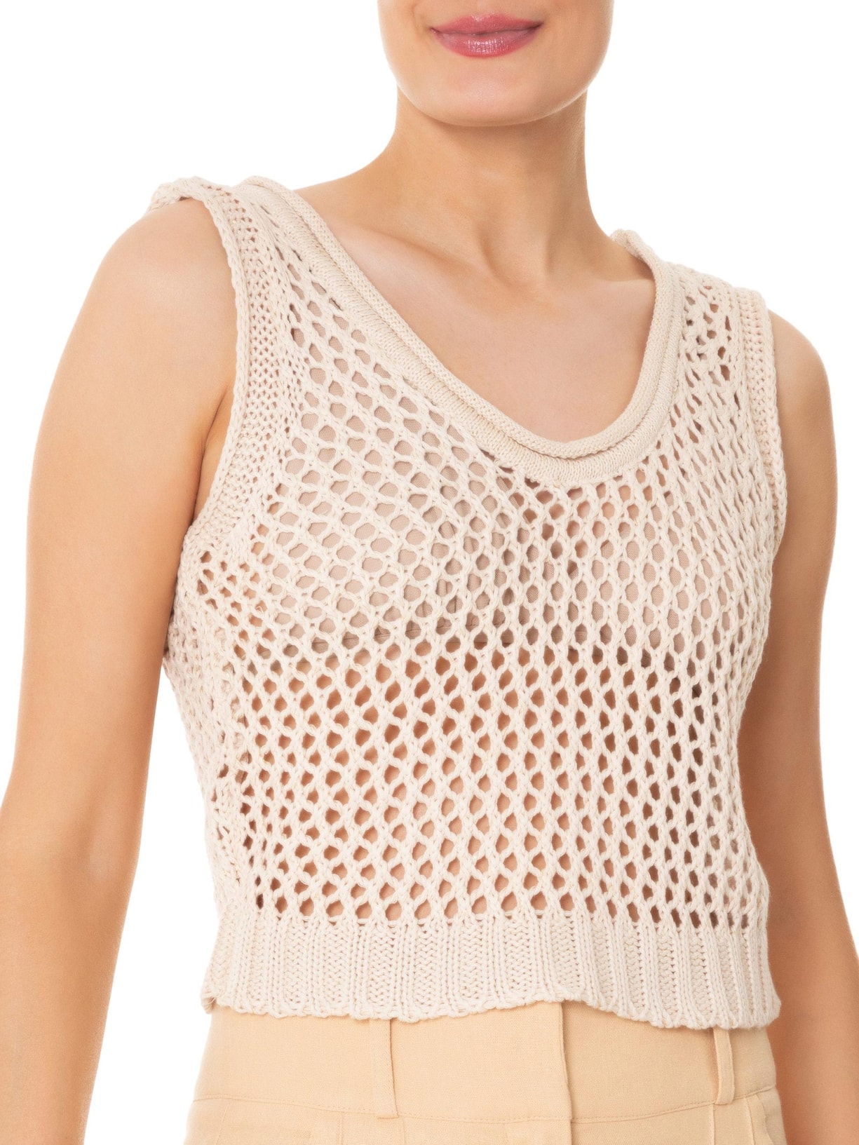 Blusa Feminina Tricot Quadradinhos Lurex Bege Dress To