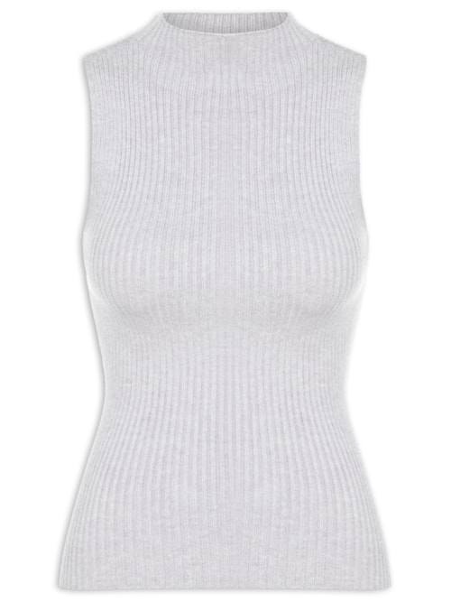 Blusa Feminina Tricot Sem Mangas Com Gola Alta - Cinza