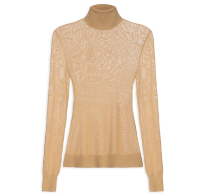 Blusa Feminina Tricot Transparência Gola Alta - Bege