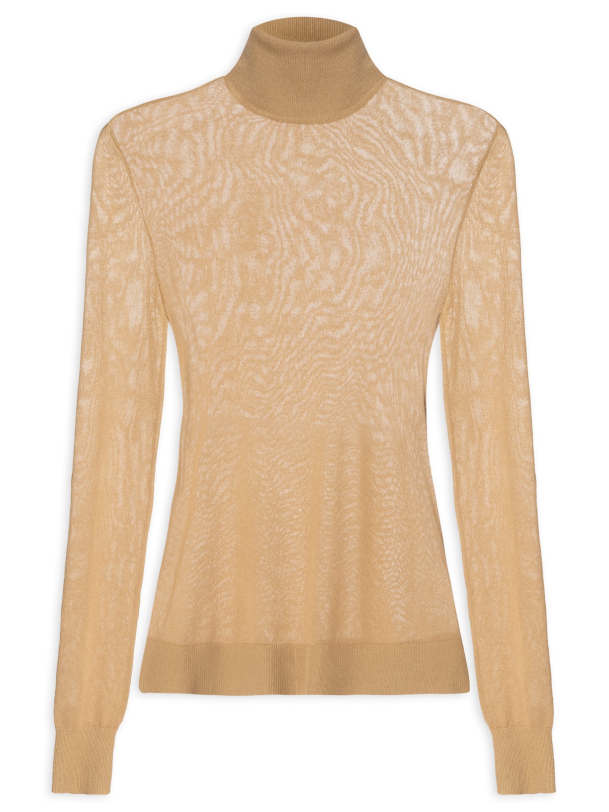 Blusa Feminina Tricot Transparência Gola Alta - Bege