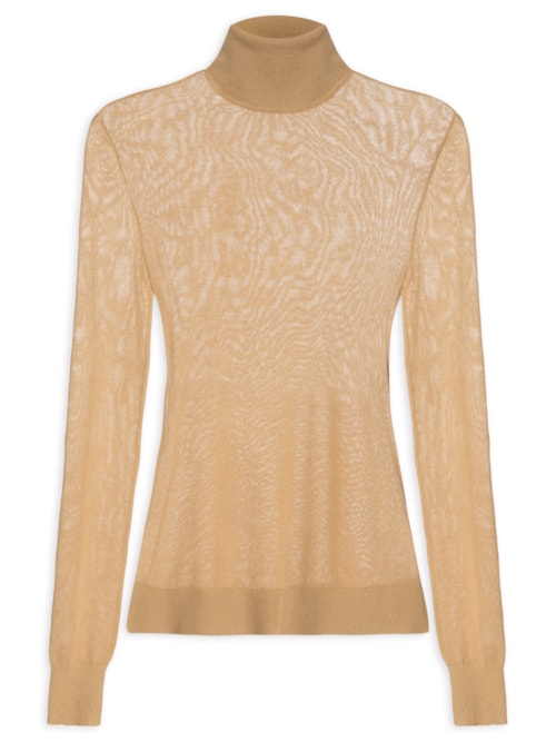 Blusa Feminina Tricot Transparência Gola Alta - Bege