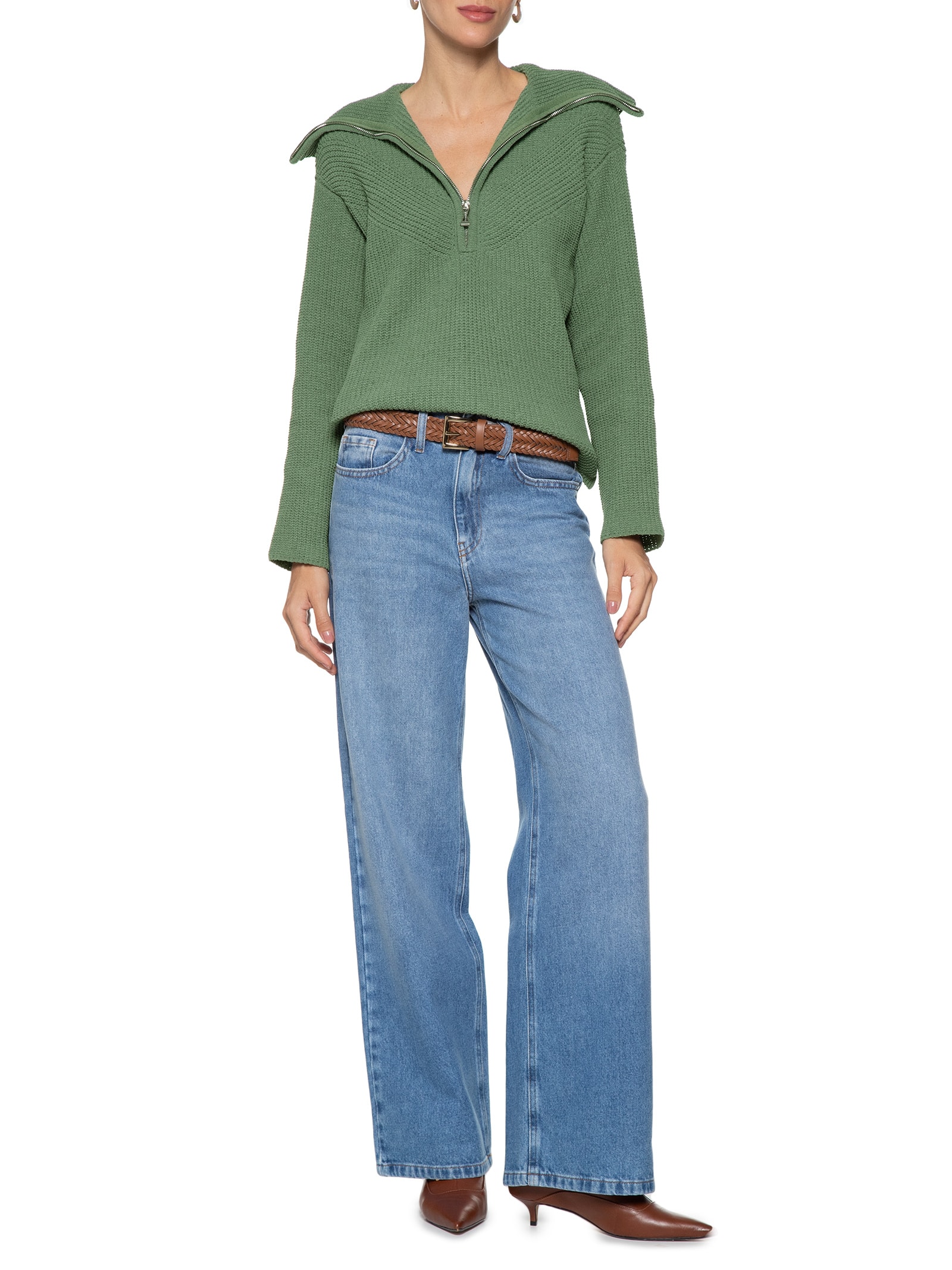 Blusa Feminina Tricot Zíper - Shoulder - Verde