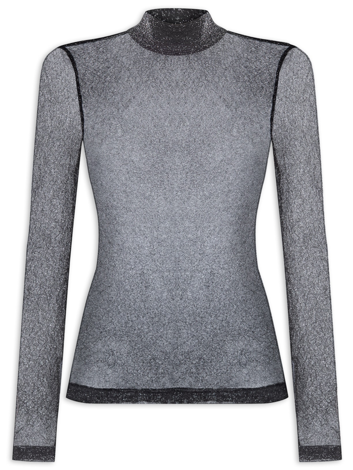 Blusa Feminina Tule Gola Alta Lurex - Preto