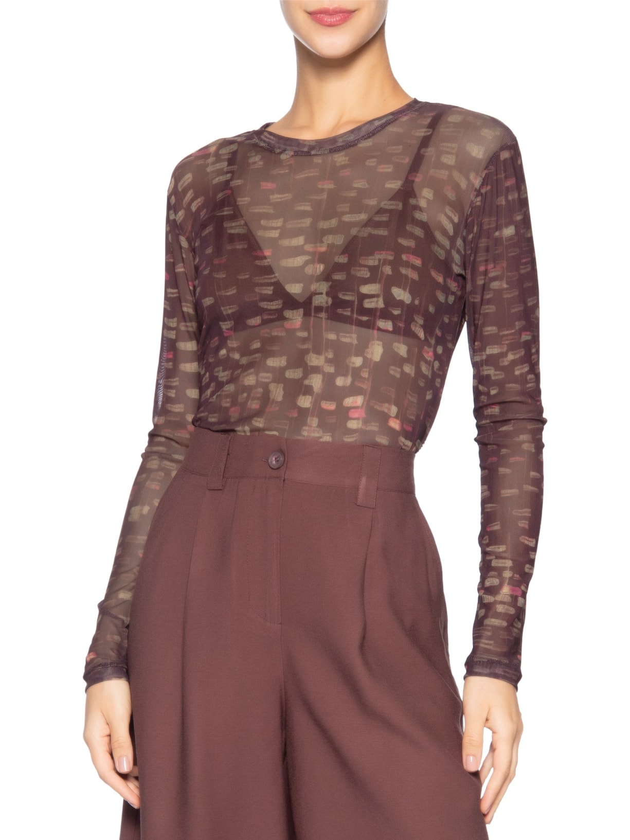 Blusa Feminina Tule Joana Brilho Marrom Le Lis