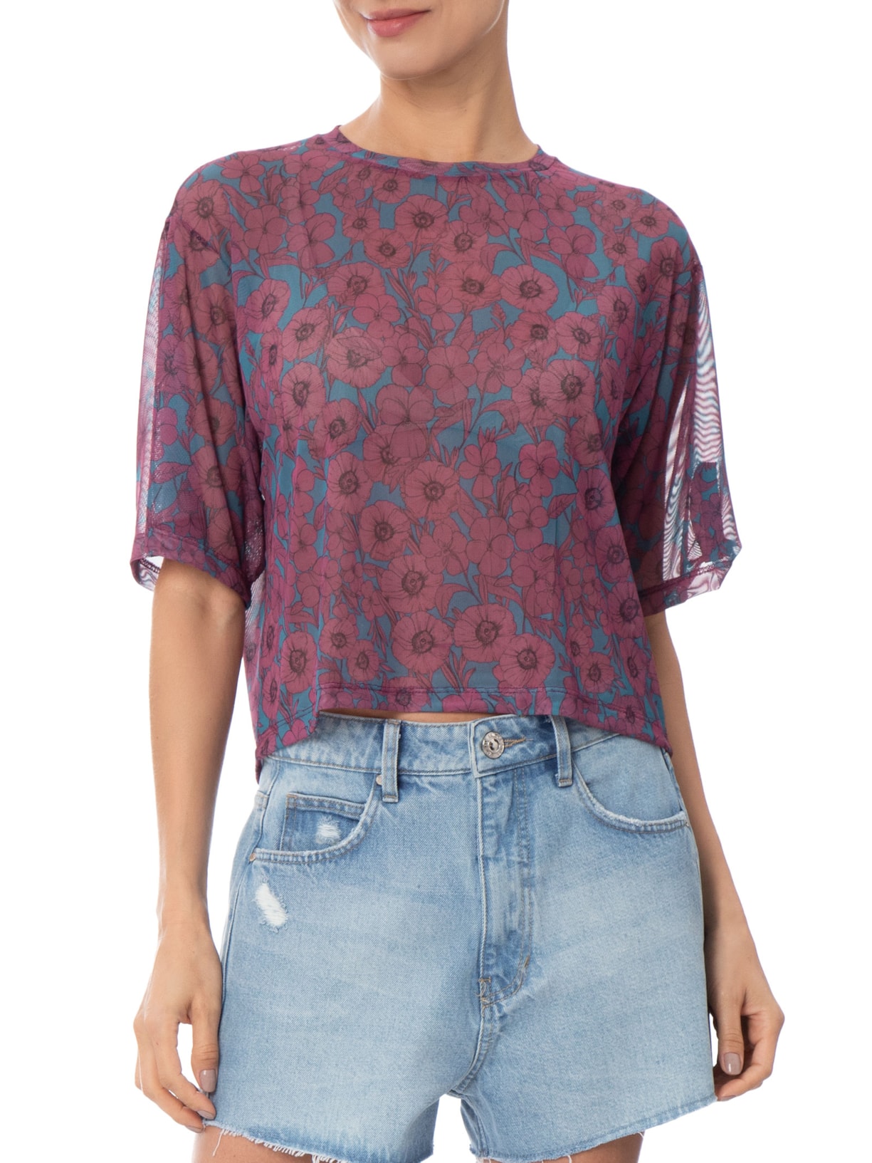 Blusa Feminina Tule Manga Curta Floral Roxo Animale