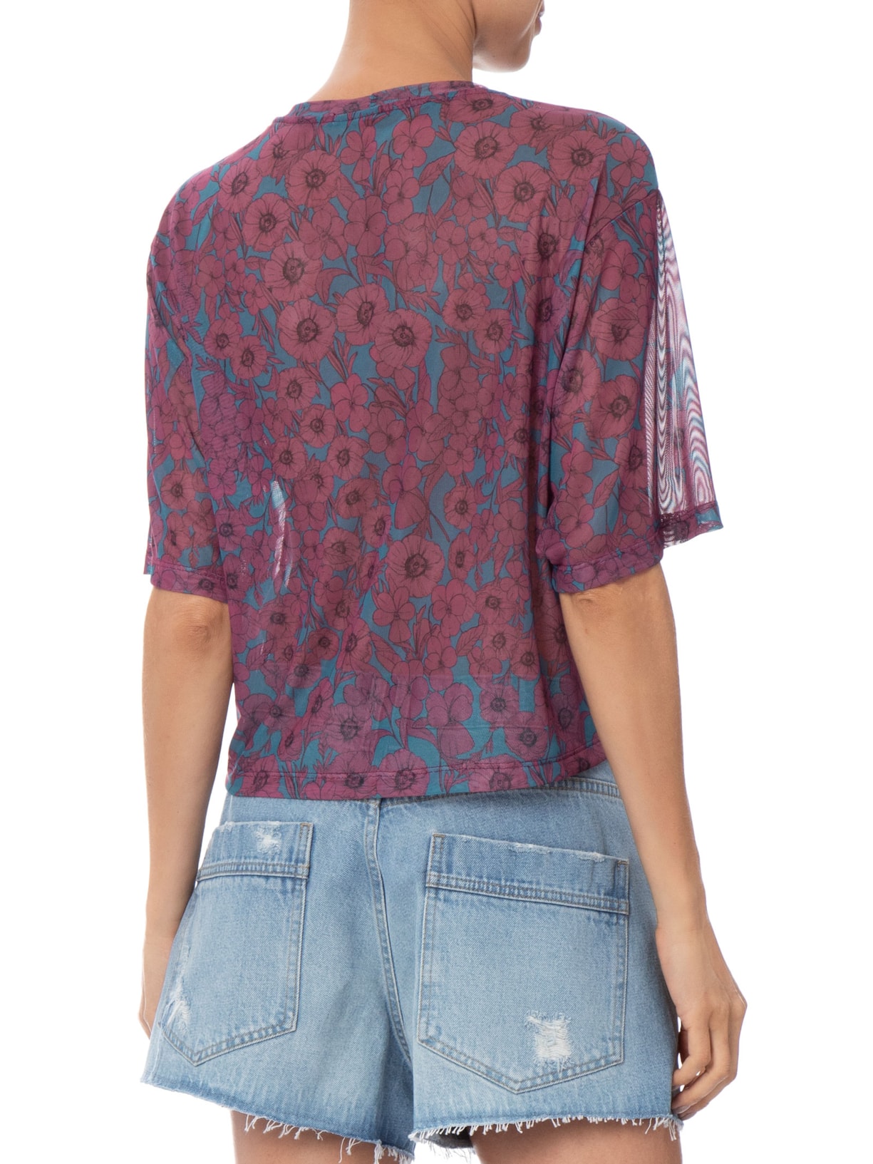 Blusa Feminina Tule Manga Curta Floral Roxo Animale