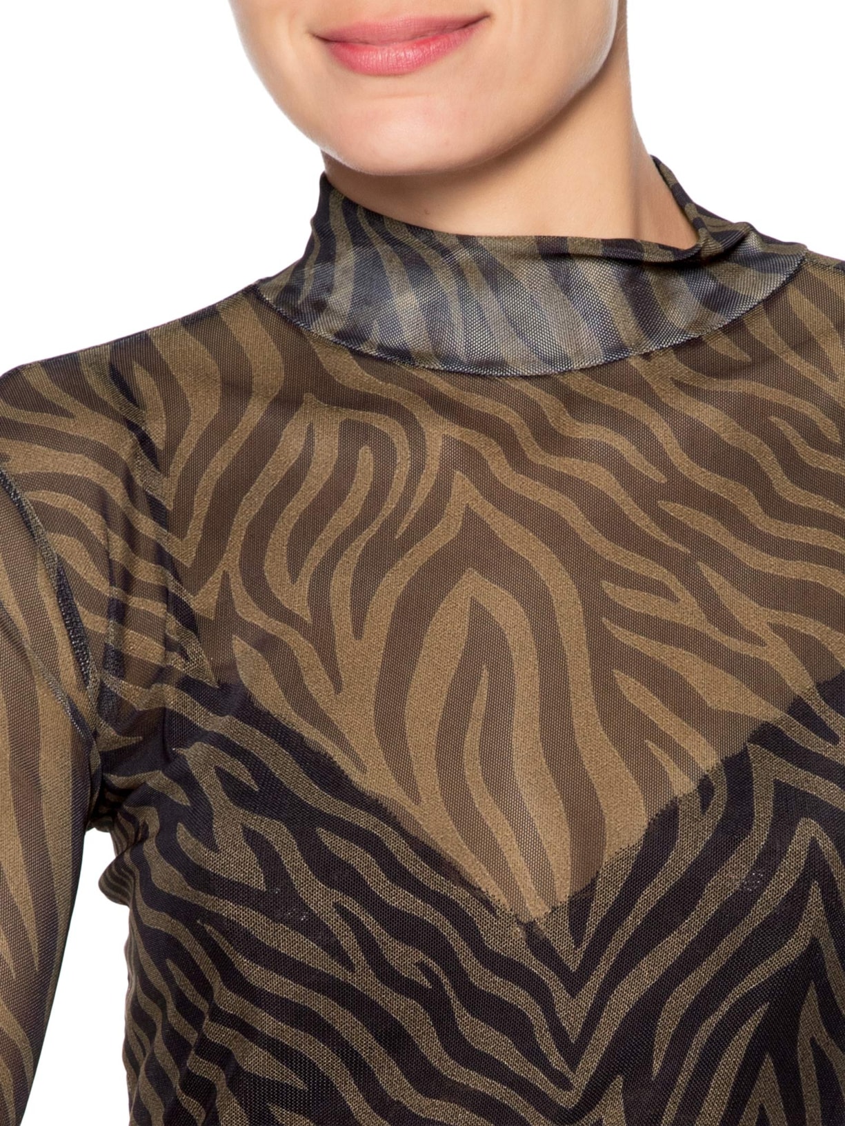 Blusa Feminina Tule Manga Longa Zebra Marrom Animale Jeans