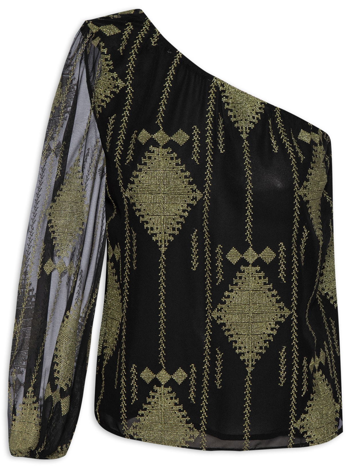 Blusa Feminina Um Ombro Só Bordado Losango - Preto