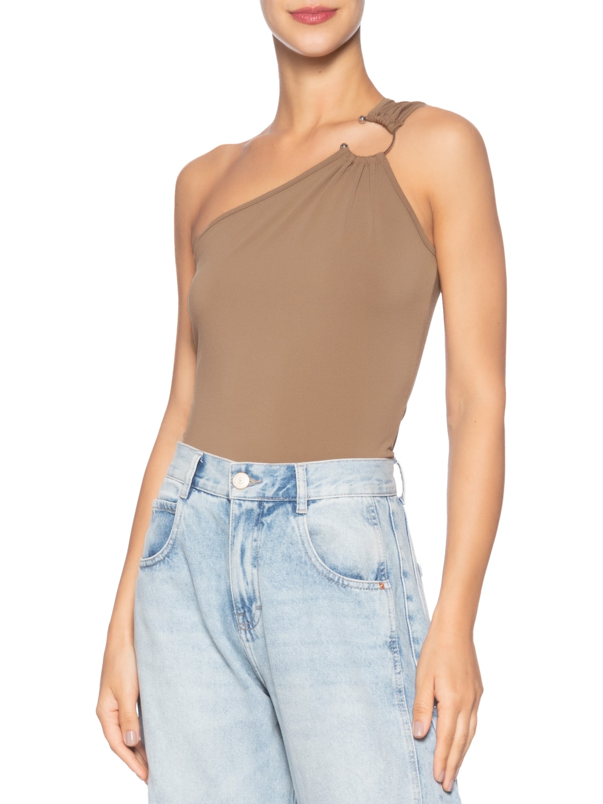 Blusa Feminina Um Ombro Só Com Metal Bege Market 33