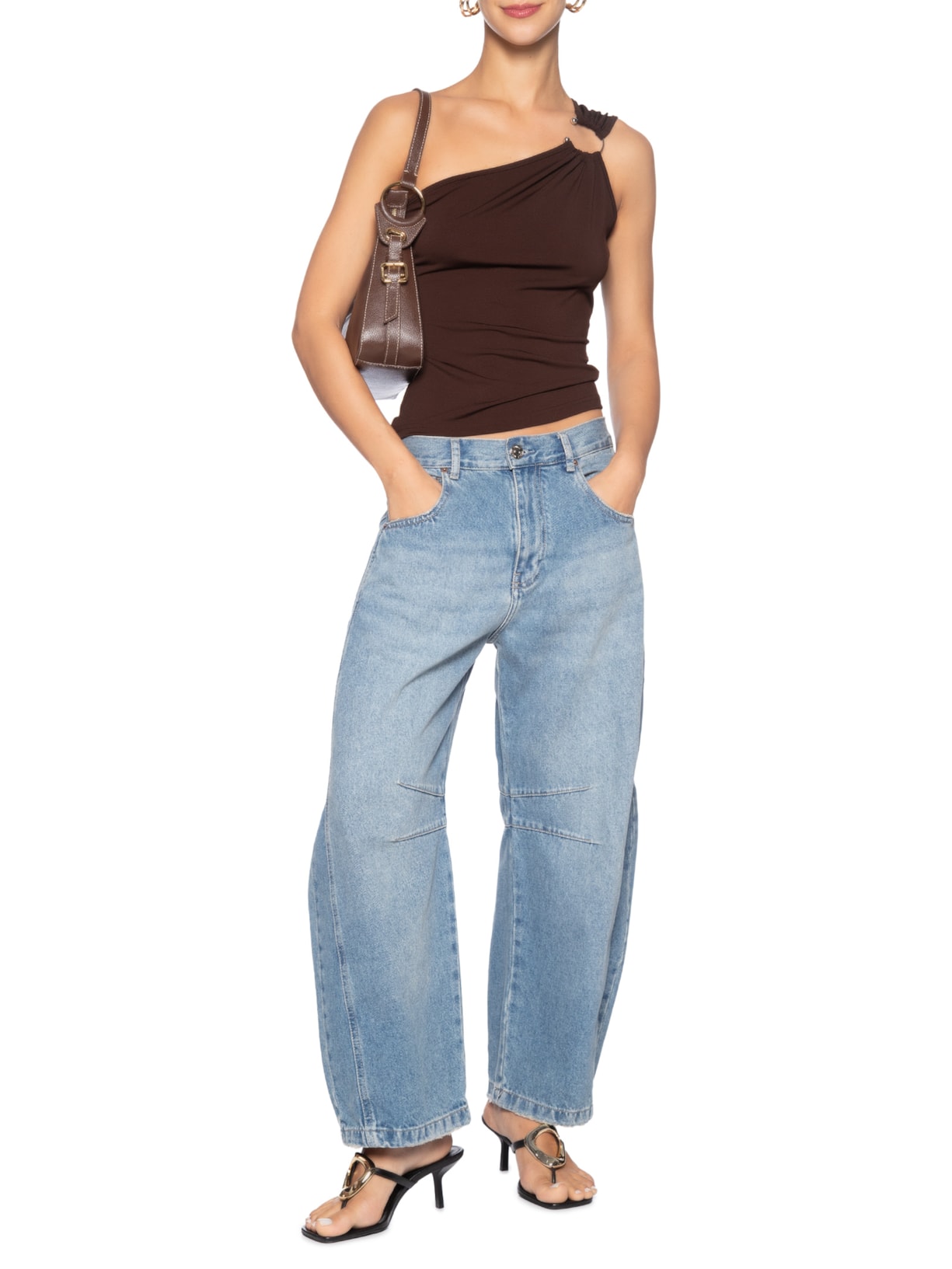 Blusa Feminina Um Ombro Só Com Metal Marrom Market 33