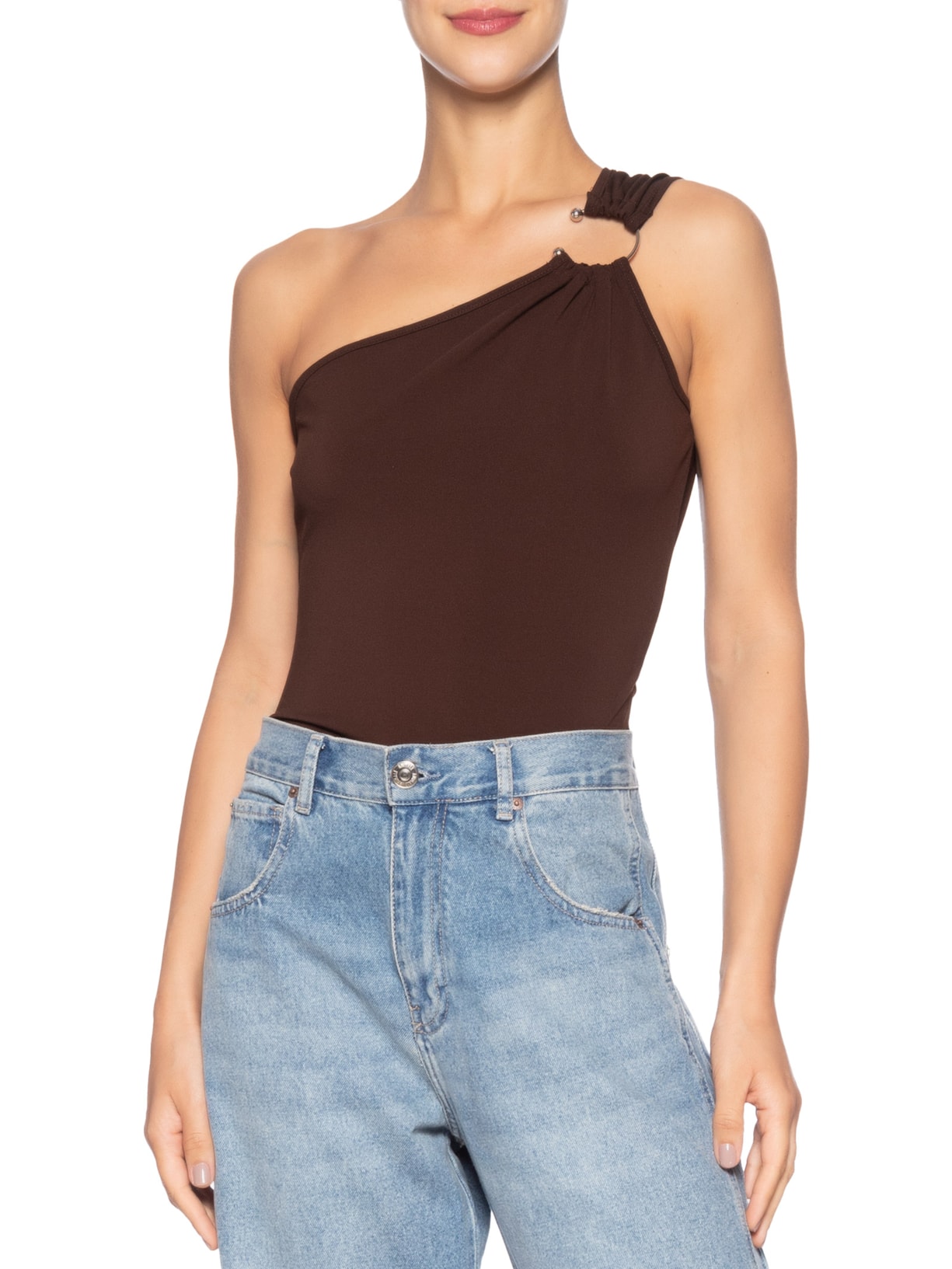 Blusa Feminina Um Ombro Só Com Metal Marrom Market 33