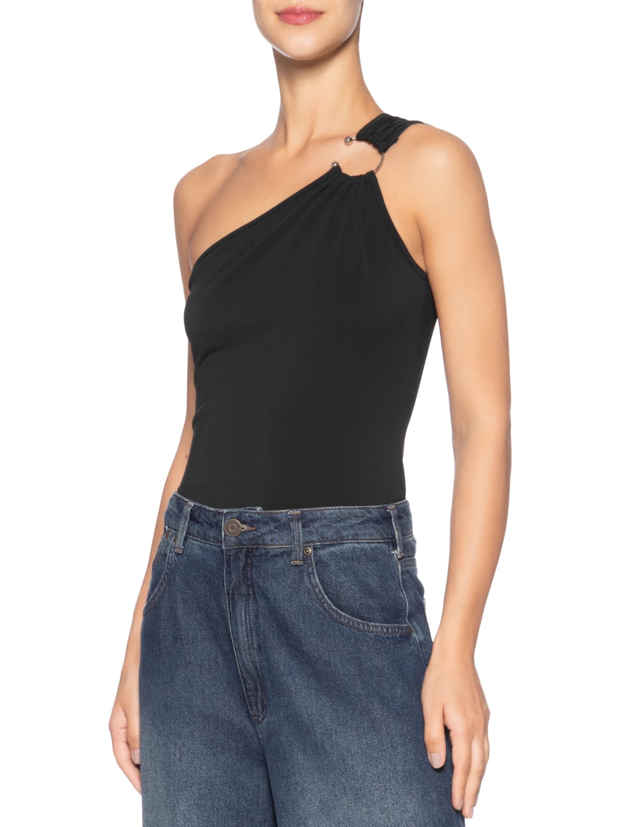 Blusa Feminina Um Ombro Só Com Metal Preto Market 33