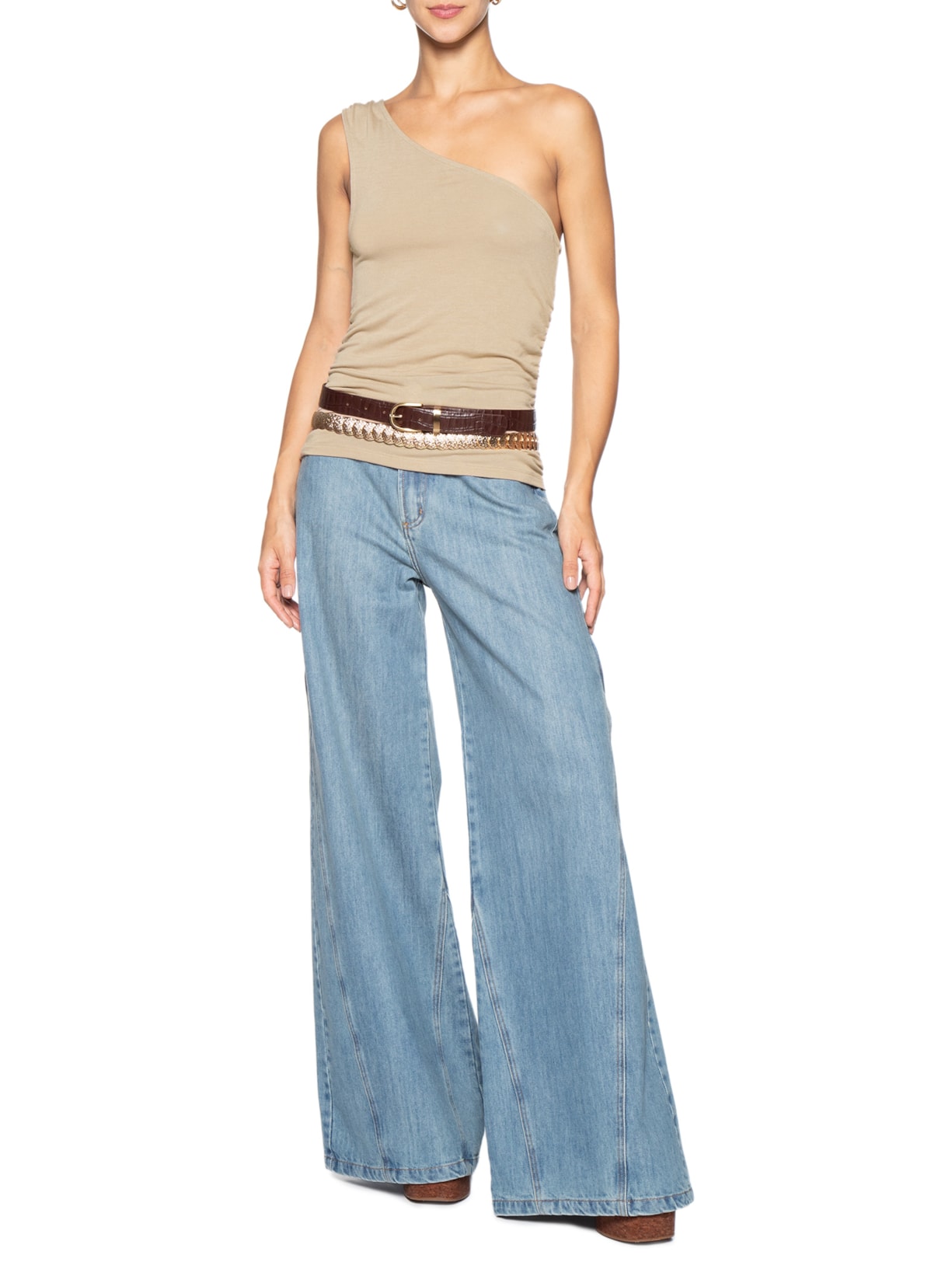 Blusa Feminina Um Ombro Só Drapeado Latreal  Marrom Animale Jeans