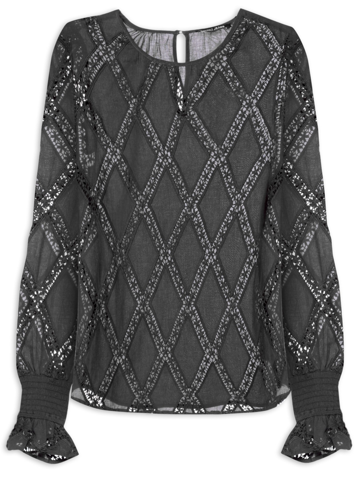 Blusa Feminina Voil Manga Bufante e Punho Lastex - Preto